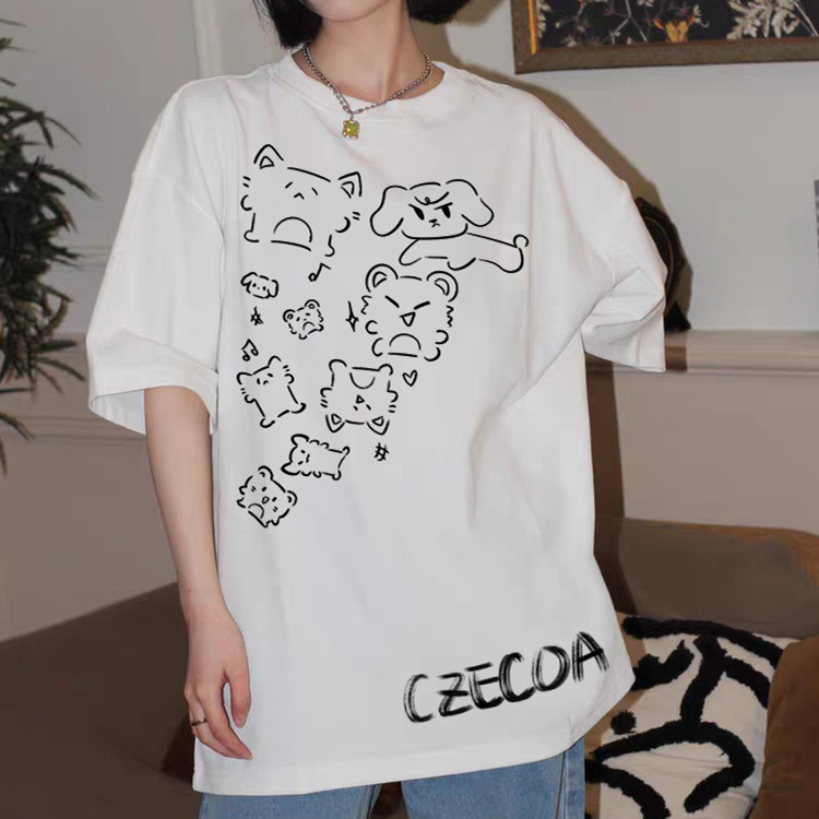 CZECOA原创亚文化宅萌系印花短袖嘻哈圆领T恤夏百搭宽松上衣男女