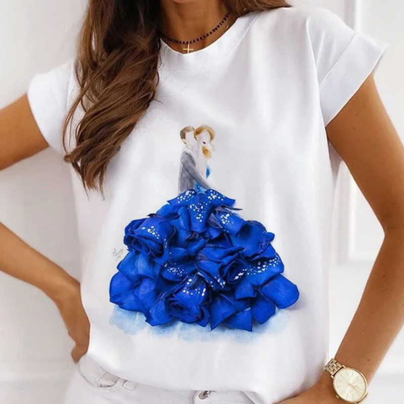 3d blue rose t shirt 外贸热销女装蓝色玫瑰花印花百搭t恤上衣