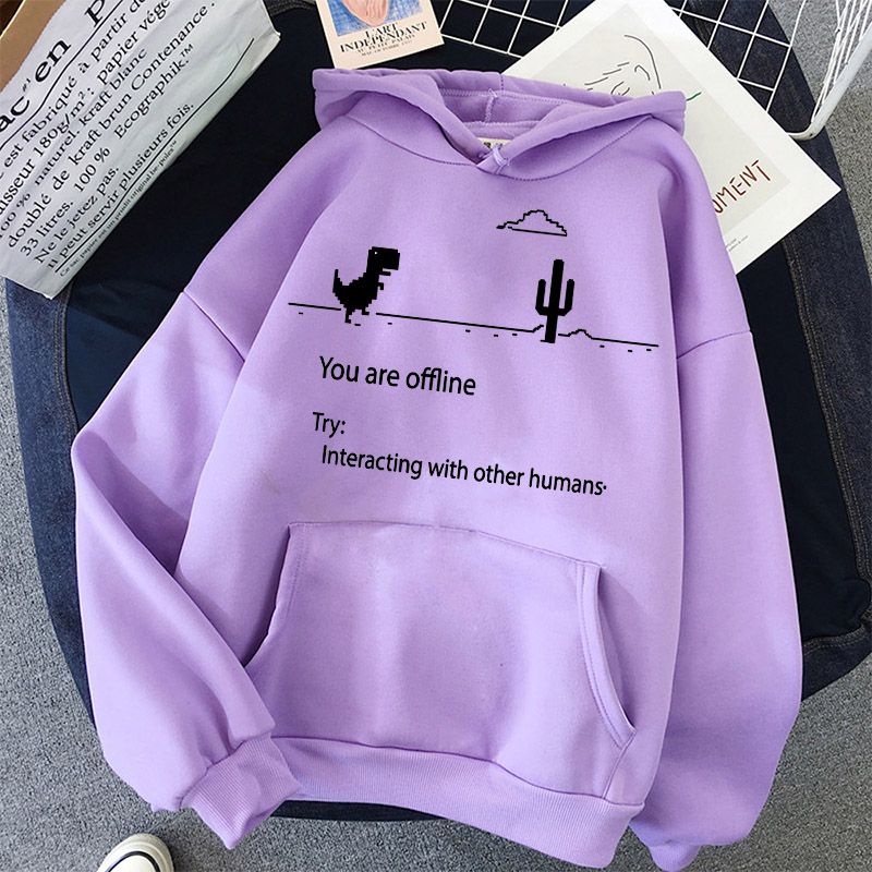 Dinosaur Letter Hoodies Women简约卡通恐龙印花连帽保暖卫衣-封面