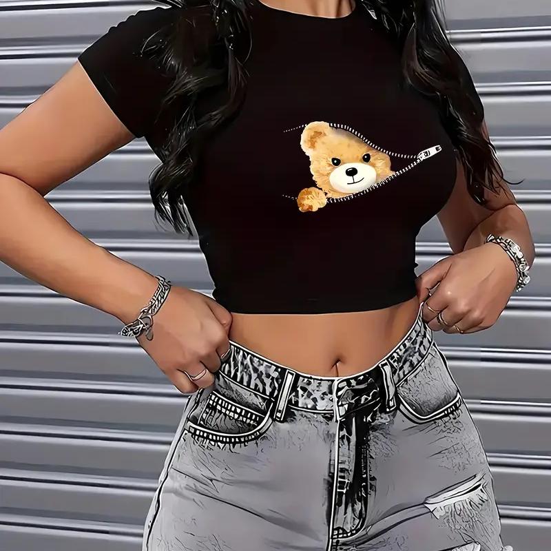 Cute Bear  Cropp Tops 个性拉链小熊印花辣妹装露脐装T恤短装