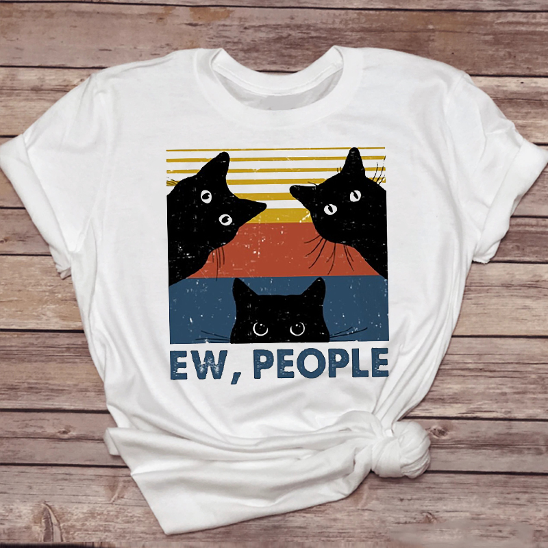 Cute Cat Ew People Women T-shirt卡通黑猫原宿印花女士短袖T恤 女装/女士精品 T恤 原图主图