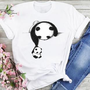 个性 Shirt Cute 中国风黑白熊猫印花短袖 Panda 圆领男女T恤潮