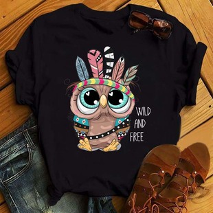 夏季 Cute Owl Tshirt 卡通貓頭鷹印花休閑百搭情侶男女t恤體恤衫