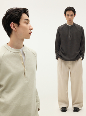 SOMENUM森林 25AW 老钱风亨利领保暖休闲男华夫格舒适百搭长袖T恤