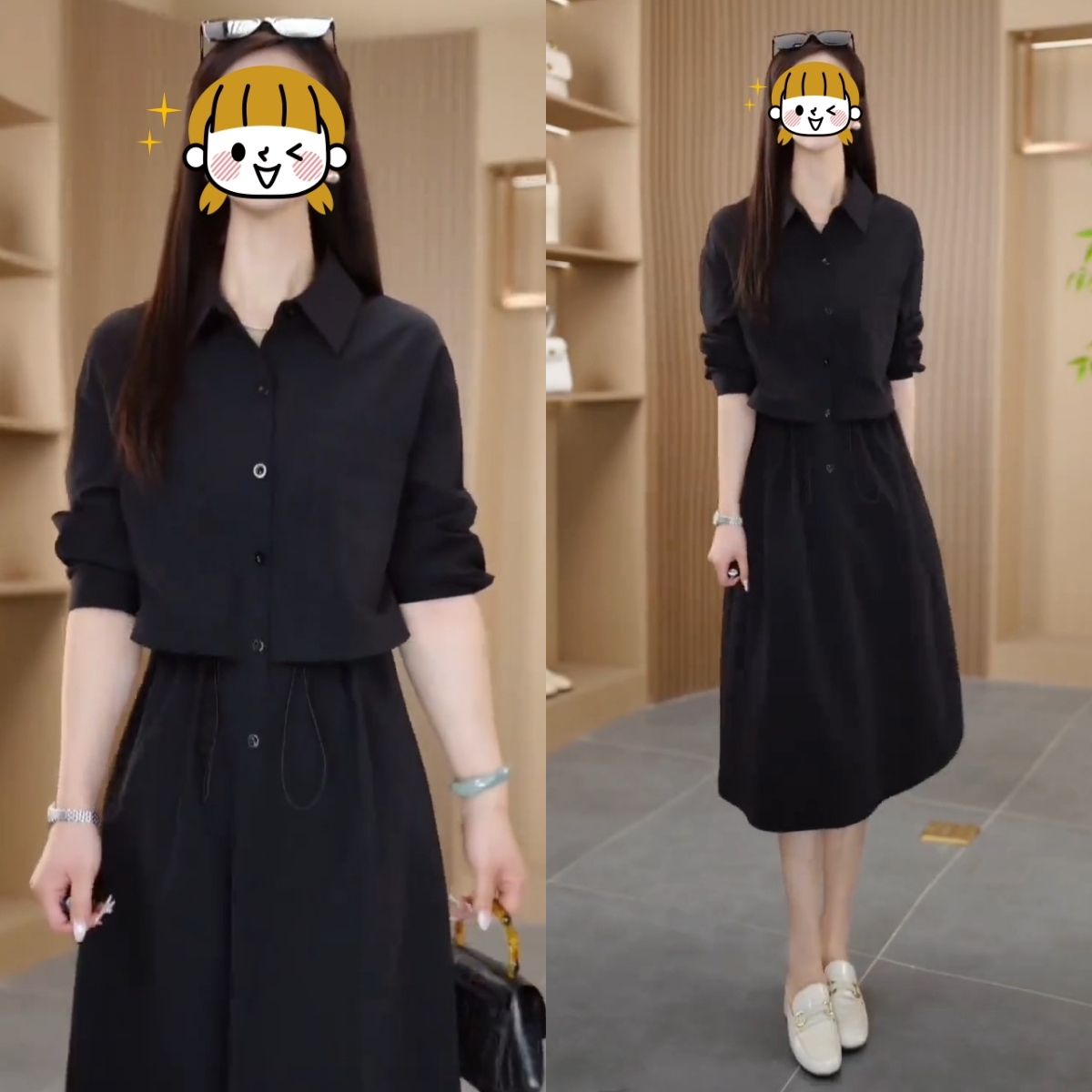 时尚假两件长袖连衣裙女春季新款气质收腰显瘦翻领中长款衬衫裙子