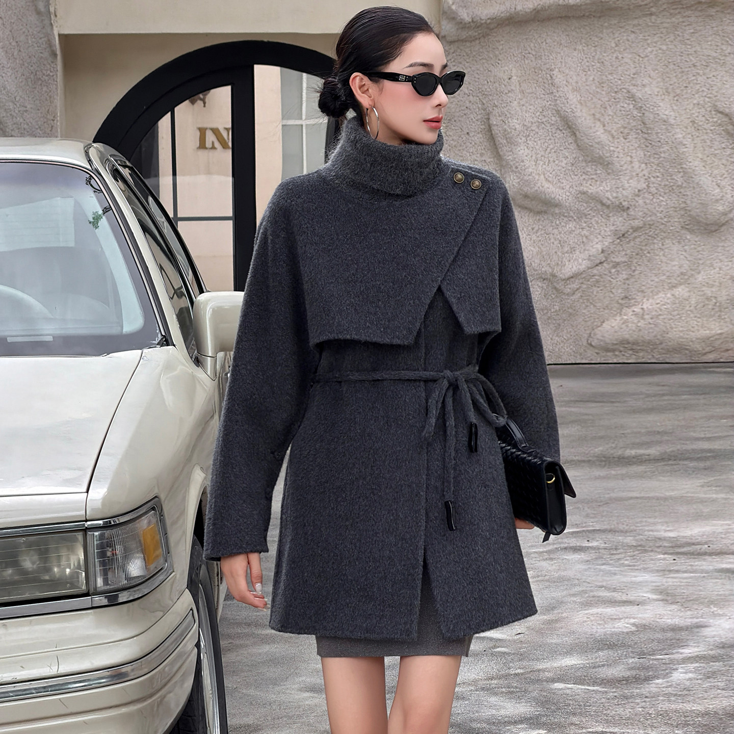 时尚双面呢大衣女中长款2026秋冬新款保暖斗篷披肩两件套毛呢外套