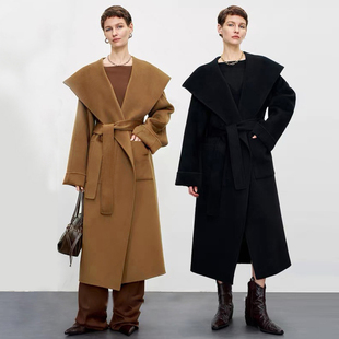 黑色连帽双面羊绒大衣女中长款2025秋冬新款高级感气质羊毛呢外套
