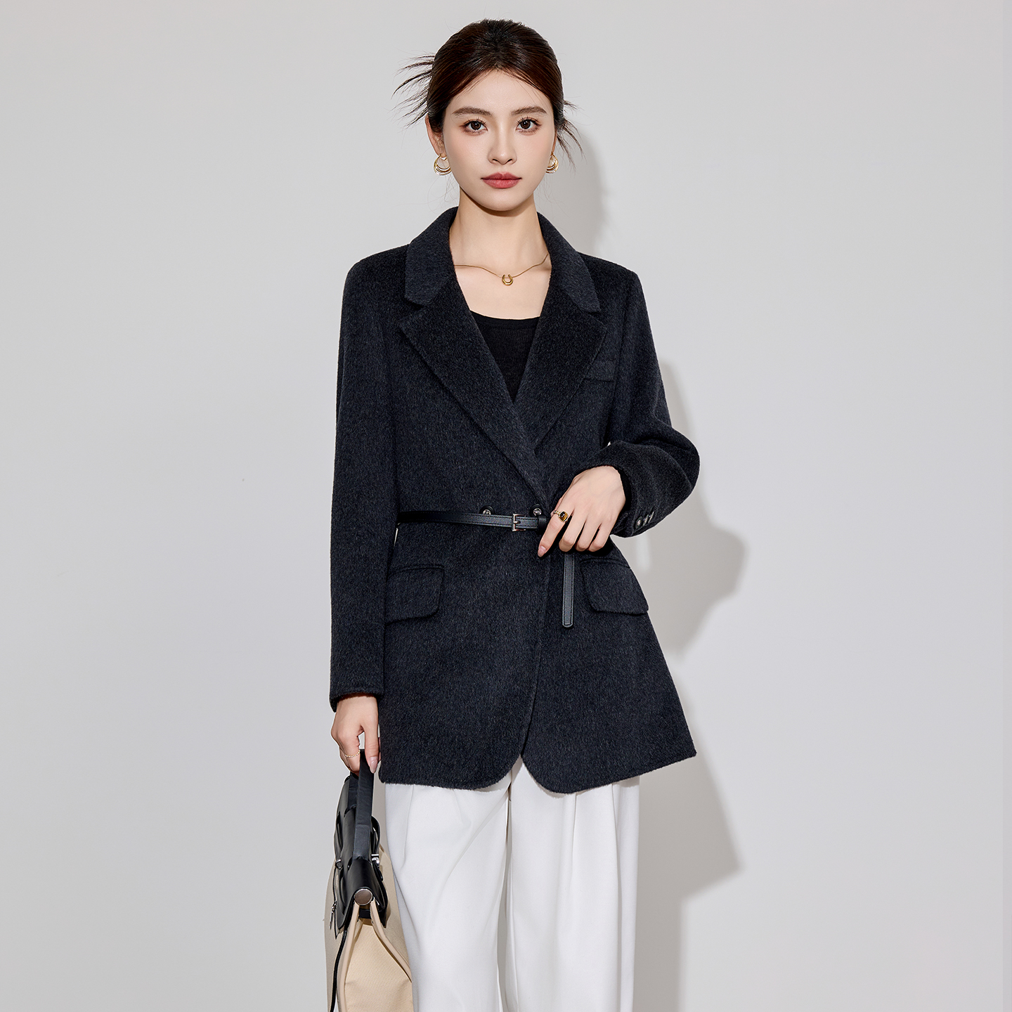 黑色双面羊绒大衣女2025秋冬新款高级感气质西装小个子羊毛呢外套