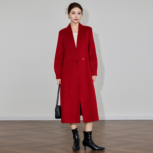 红色双面羊绒大衣女中长款2025年秋冬新款气质修身简约羊毛呢外套