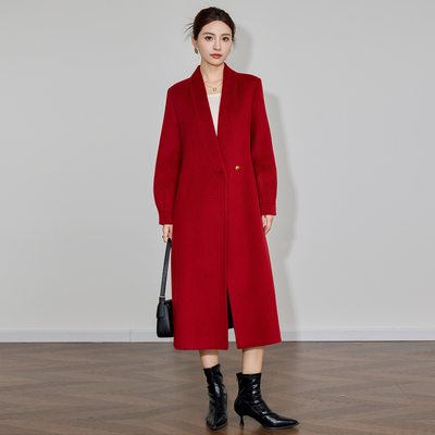 红色双面羊绒大衣女中长款2025年秋冬新款气质修身简约羊毛呢外套