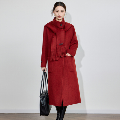 双面羊绒大衣女中长款25秋冬新款立领可拆卸连帽围巾保暖毛呢外套