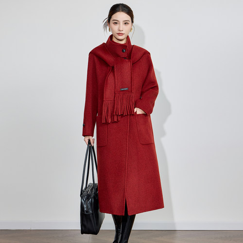 双面羊绒大衣女中长款25秋冬新款立领可拆卸连帽围巾保暖毛呢外套