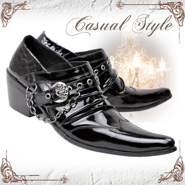 日本新款尖头牛皮舞台鞋增高漆皮