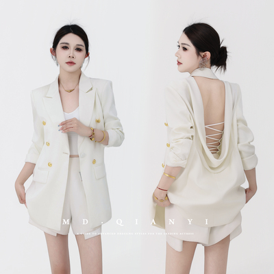 MD千亿【花朝梦夏】夏季款显瘦气质收腰赫本露背西装外套