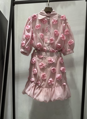夏季甜美立体花朵短袖上衣十中短半裙套装