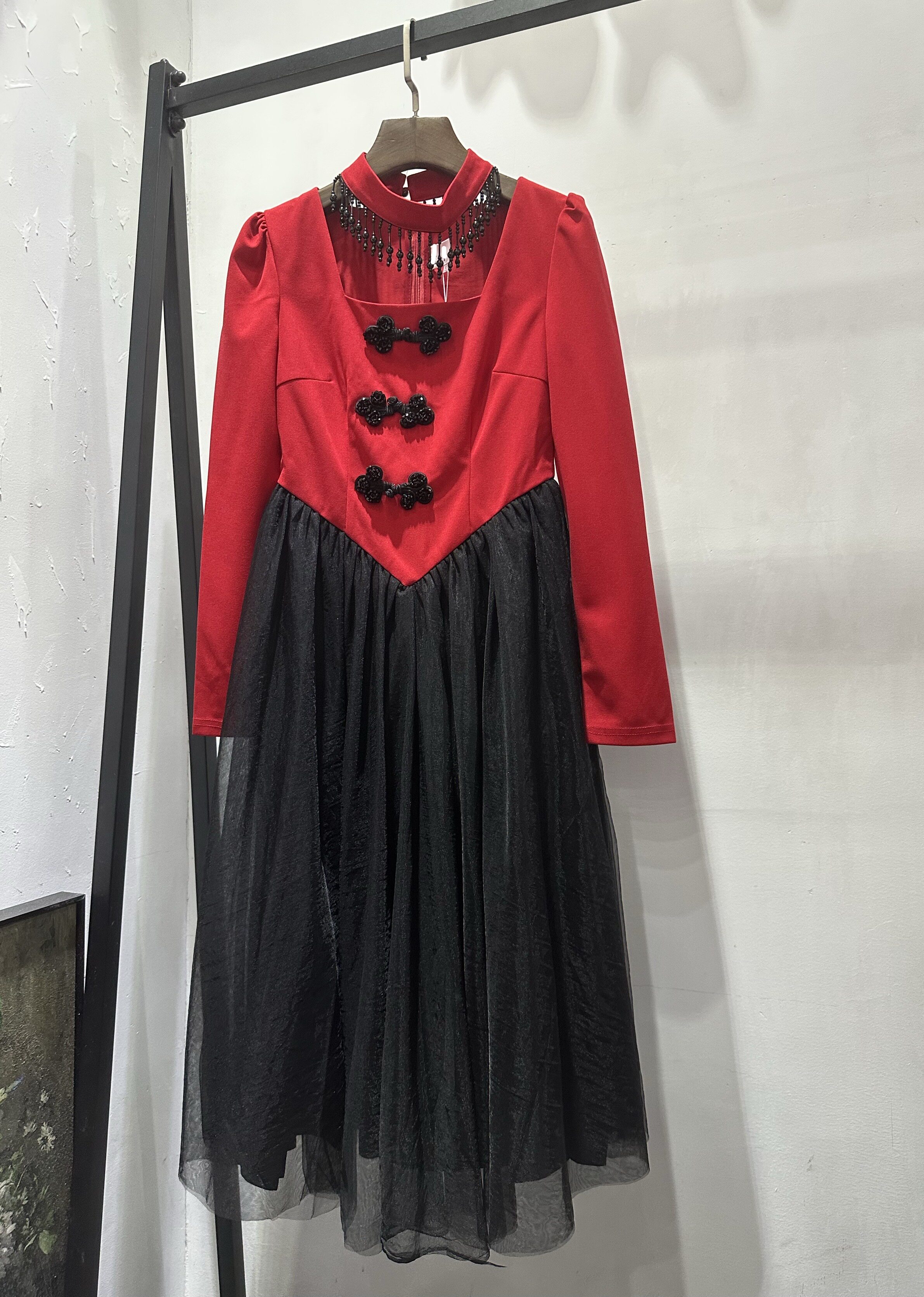 春秋网纱拼接中式盘扣长袖中长连衣裙