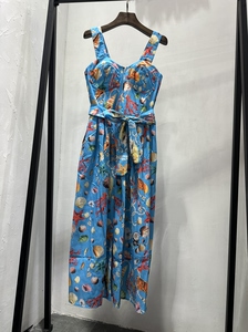 夏季海底世界印花背心修身中长连衣裙