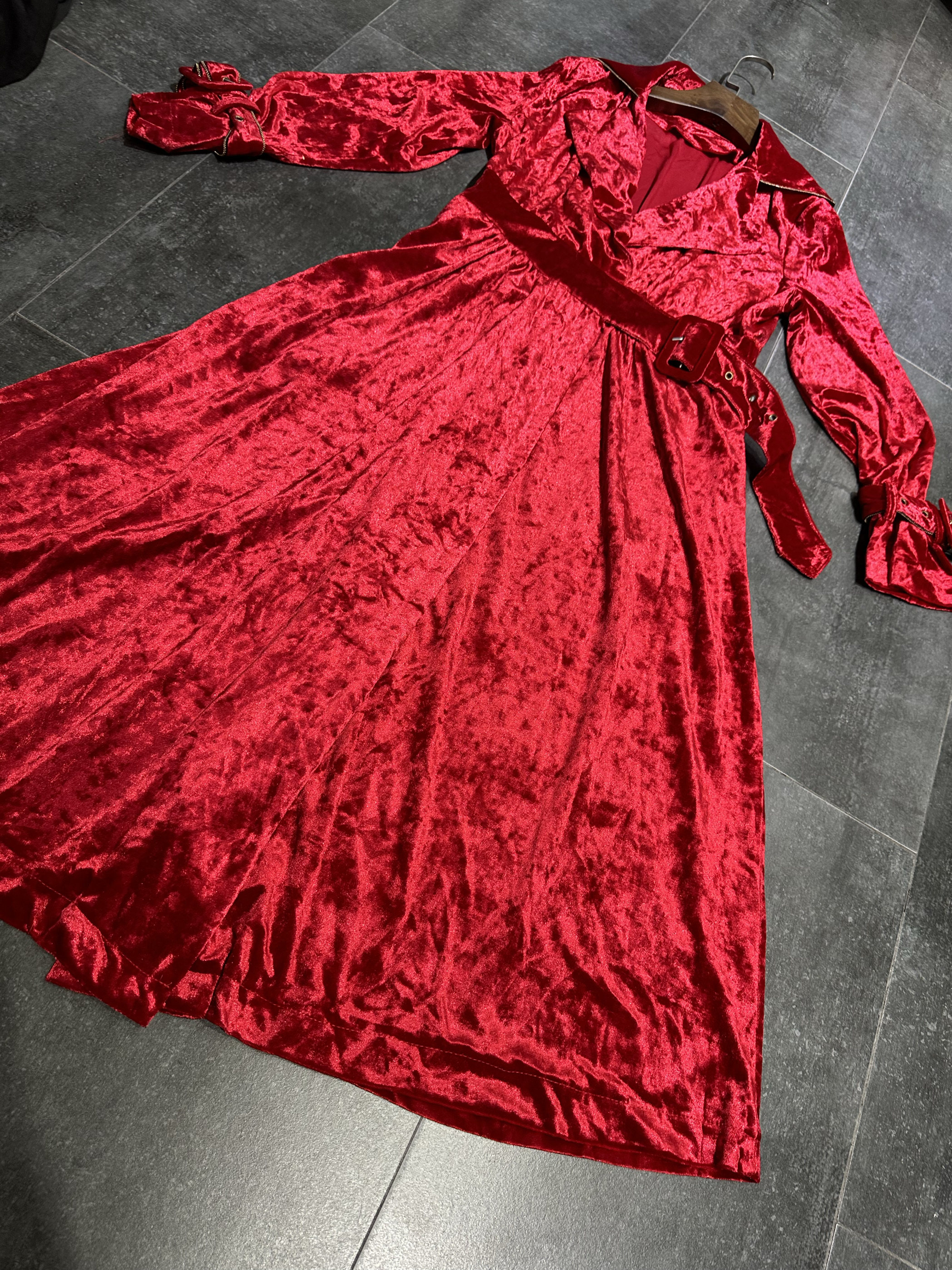 秋冬大红色丝绒睡袍风连衣裙礼服