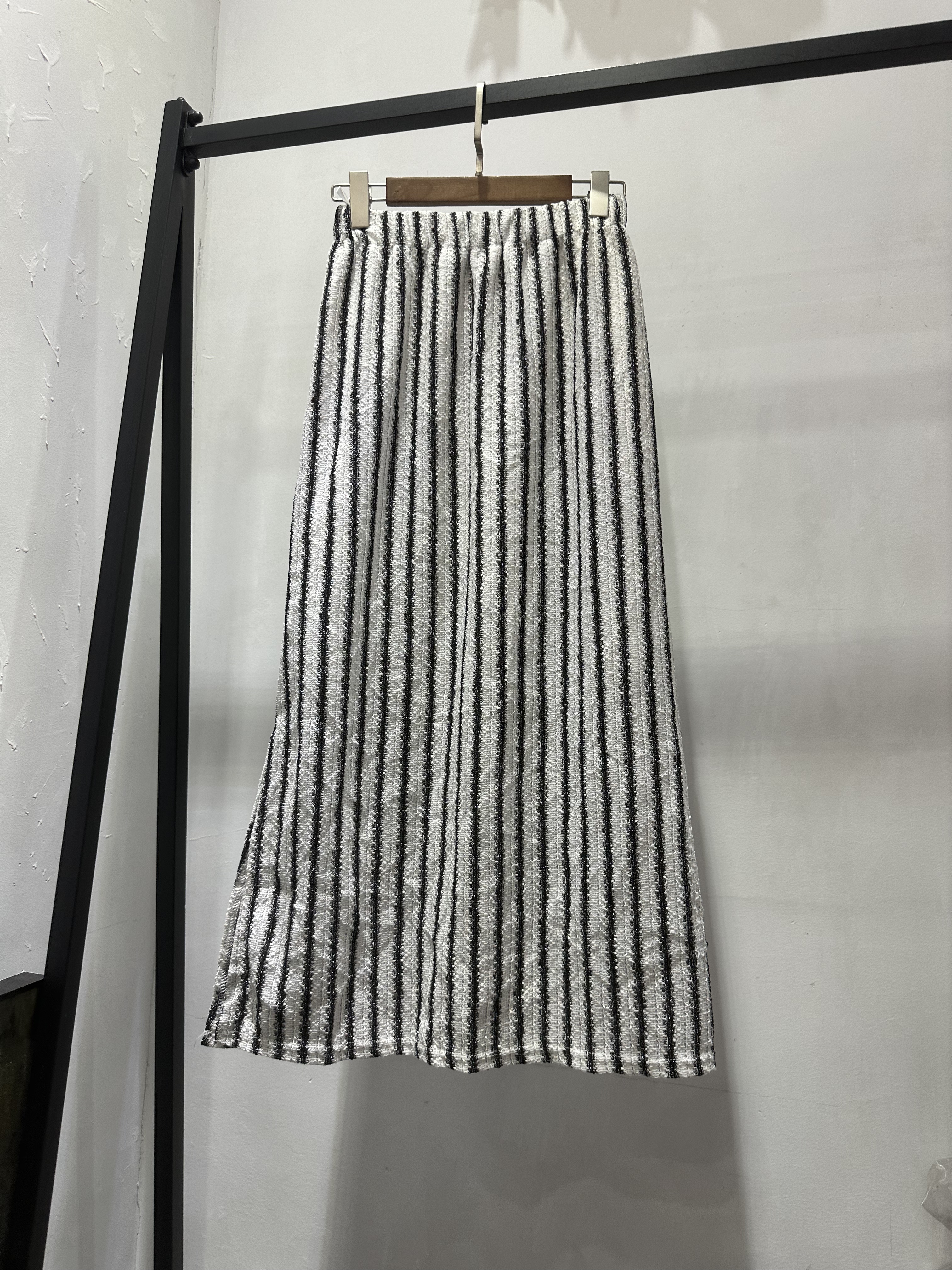 春夏松紧腰条纹中长半身裙