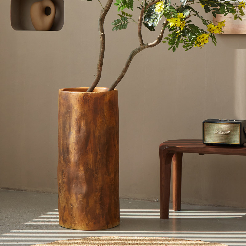 高款圆柱形镁水泥花盆室内仿实木纹落地花器绿植商场客厅阳台装饰