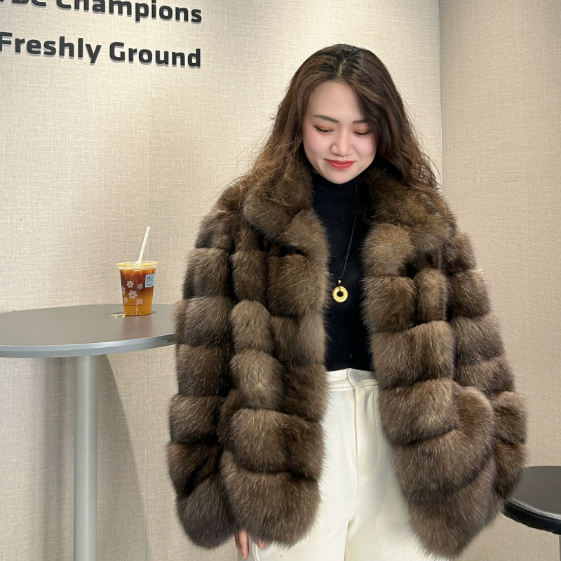 俄罗斯紫貂本色女25年新皮草冬季时尚外套大衣显瘦整貂满天星