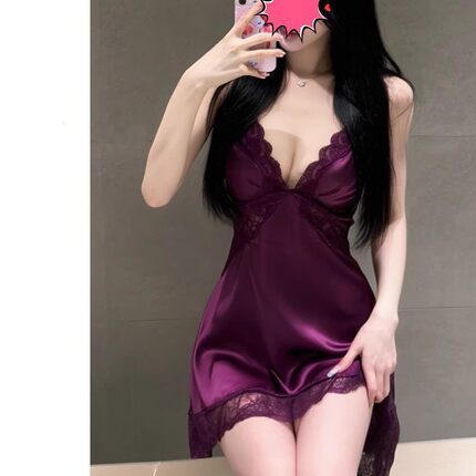 萌洛姬性感V领蕾丝边无袖睡裙女夏季深紫色纯色短裙家居服