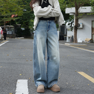 复古水洗弯刀牛仔裤女2026春秋新款宽松阔腿显瘦休闲浅色女装长裤