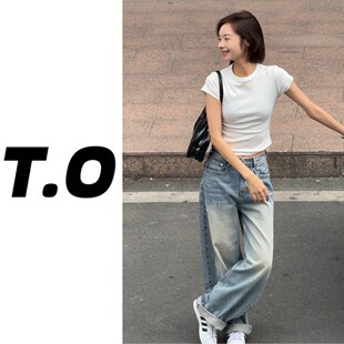 春秋夏高腰阔腿弯刀堆堆裤 女新款 高街磨破设计显瘦百搭牛仔裤 美式