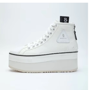 新款帆布鞋春夏 R13 黑色厚底高帮女士系带运动休闲鞋做旧小脏鞋