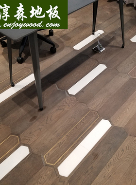 胡桃金属铜条镶嵌白色大理石双端箭头尖头异形实木复合拼花木地板