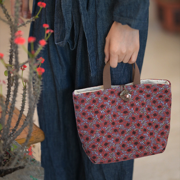 棉麻文艺女士棉麻帆布包便当小手拎包田园手提印花日系简约复古包