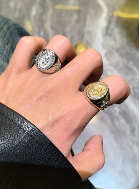 欧美式新款嘻哈HIPHOP饰品钛钢镀金镶钻戒指男款小众高级感指环潮