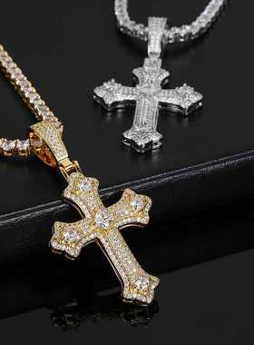 潮牌镶钻奢华十字架吊坠项链男