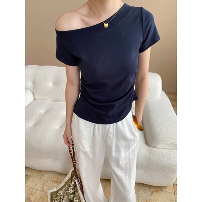 司南 博主推荐款 时髦感不规则褶皱斜肩设计感上衣T恤短袖 SN7692