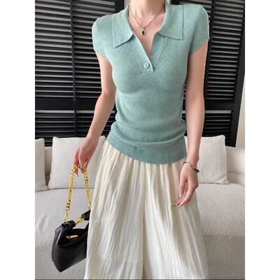 司南 高智淡人 时髦感一粒扣polo翻领修身显瘦针织衫短袖 SN8710