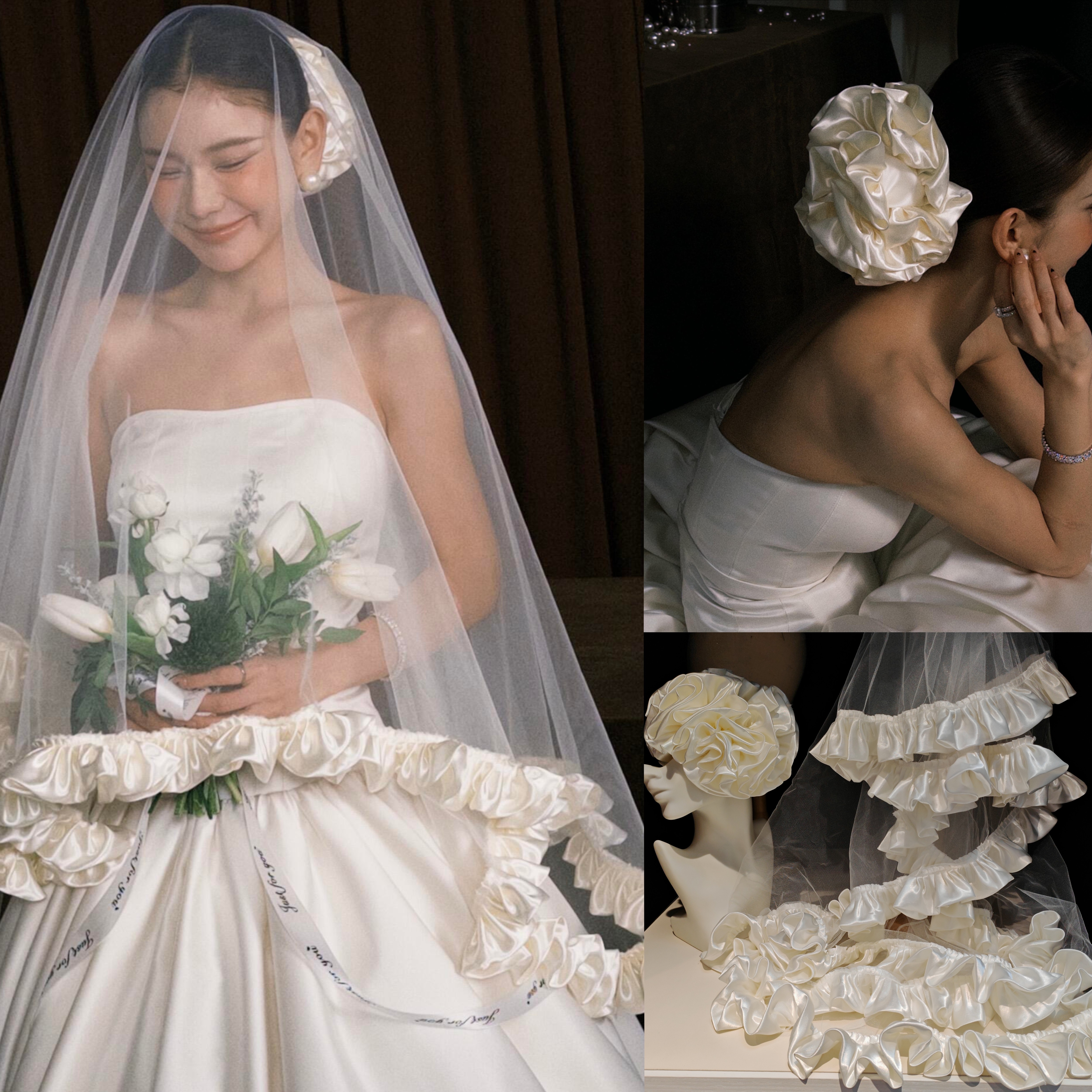法式高级感褶皱头纱发圈高级感新娘结婚发饰主纱缎面婚礼配饰爆火