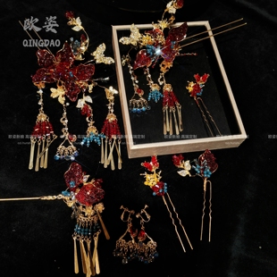 红色新中式 步摇发簪红蓝撞色减龄古风发钗气质绝绝子秀禾发饰1340