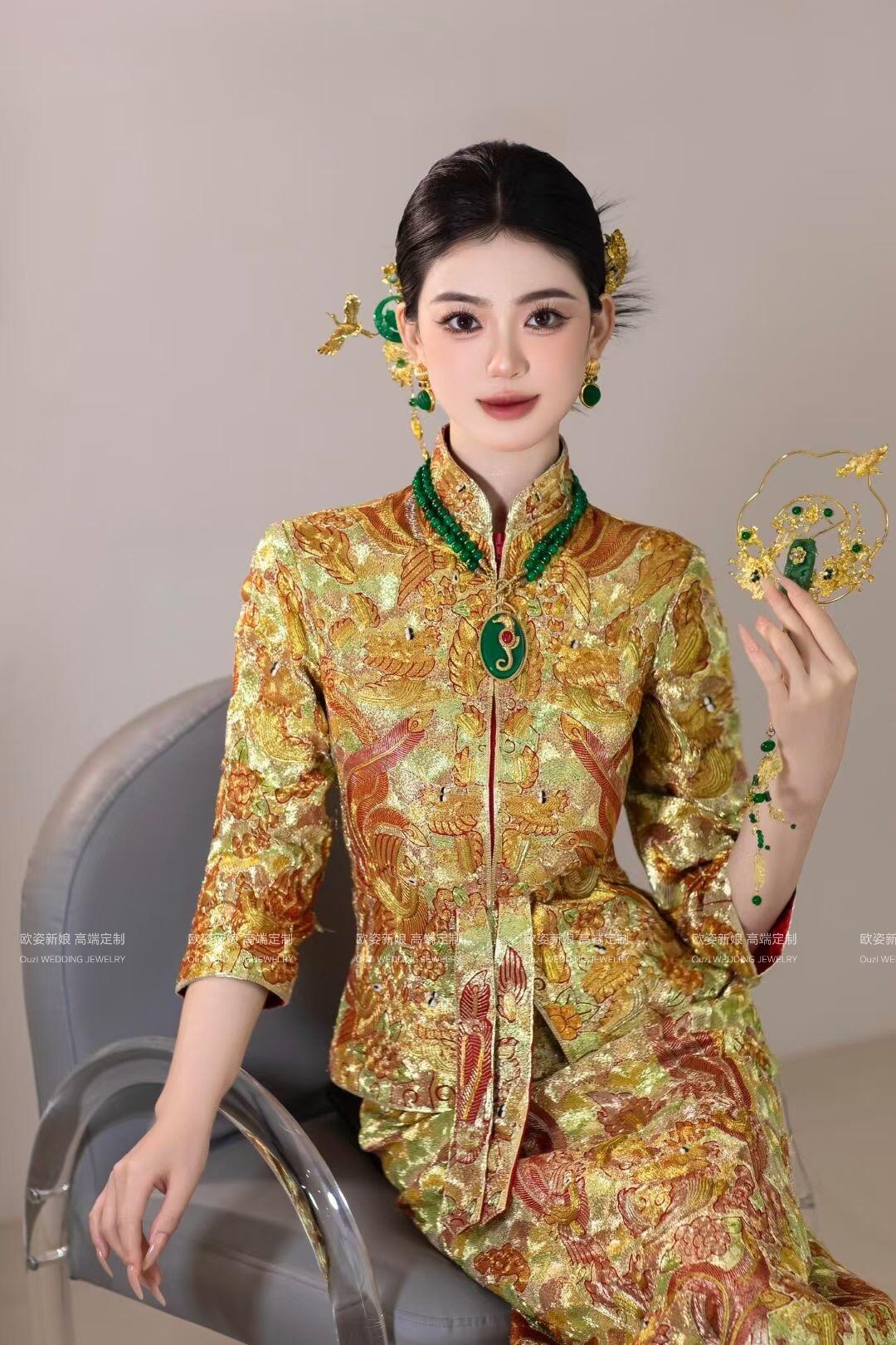 新娘头饰祖母绿色新中式发簪发钗项圈配饰结婚饰品龙凤褂跟妆0