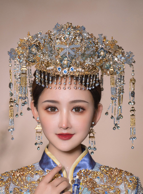 琉璃蓝色凤冠霸气重工新款秀禾头饰龙凤褂配饰7629