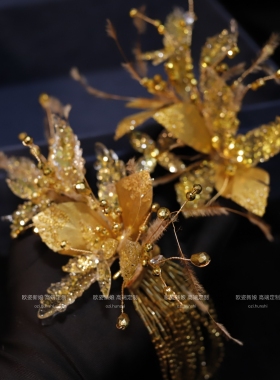 原创设计气质金色侧边夹晨袍礼服头饰新中式秀禾配饰晨袍配饰7219