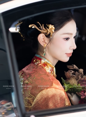 新款金色立体凤凰发钗秀禾龙凤褂气质百搭新娘头饰中式发饰12512
