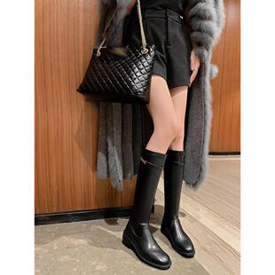 老钱风高级橄榄绿牛皮骑士靴秋冬牛皮低跟锁扣长筒靴粗跟高筒长靴