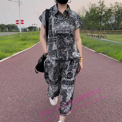 夏季中年时尚妈妈装大码女装休闲套装时尚洋气减龄显瘦遮肉两件套
