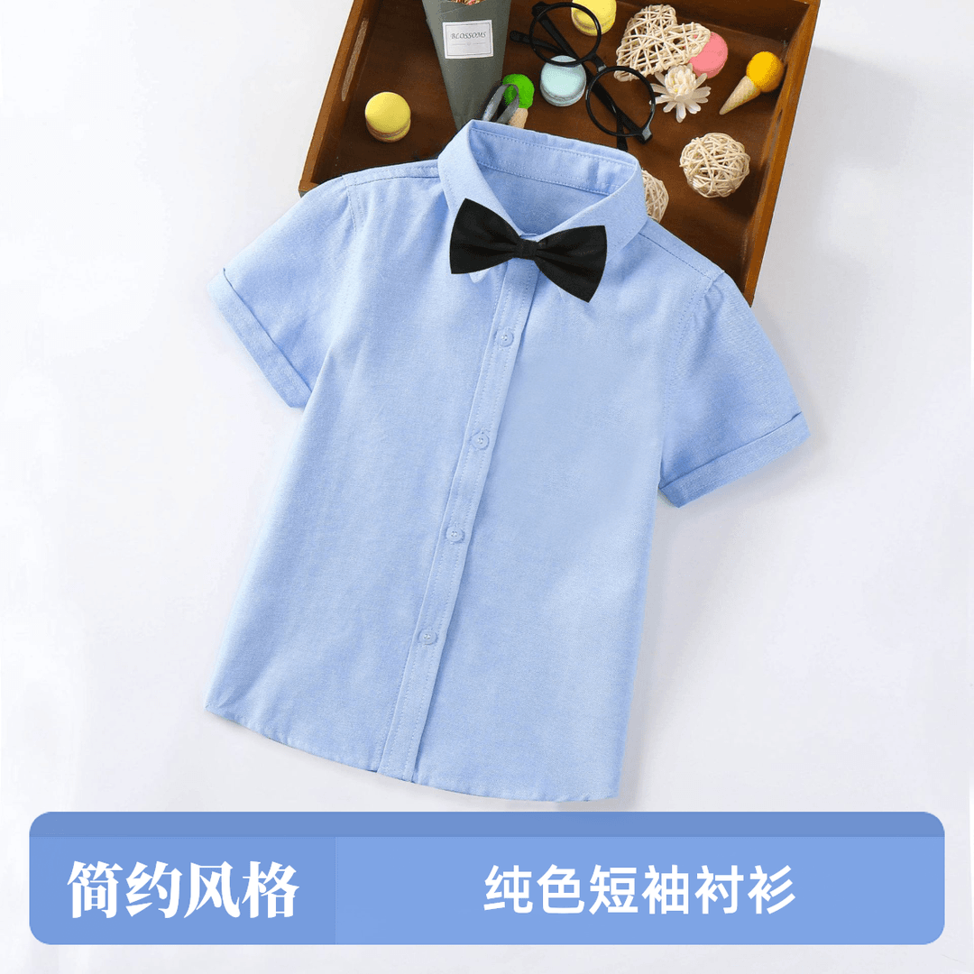 夏季儿童纯蓝色衬衫短袖中大小童女童校园班服男花童半袖衬衣现货