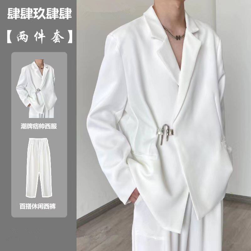 休闲西装外套男春秋季高级设计感小众ins潮痞帅男士白色西服套装