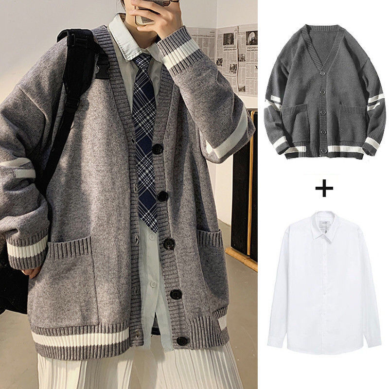 DK制服男ins港风毛衣男宽松韩版潮流慵懒针织衫秋冬V领开衫外套男