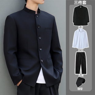 高级感痞帅新中式中山装夹克男春秋休闲黑色垫肩立领西装外套潮