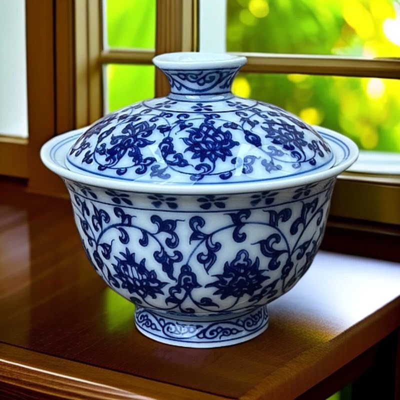 青花缠枝莲盖碗茶杯中式复古可悬停功夫泡茶碗家用釉里红陶瓷茶具