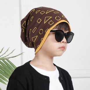 儿童春秋套头帽子图形男孩冬薄款纯棉布休闲女孩包头加绒堆堆帽