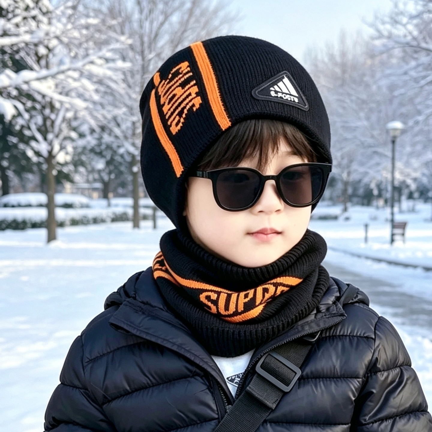 冬天儿童加厚保暖针织毛线帽子围脖两件套滑雪冰户外小学生骑车帽